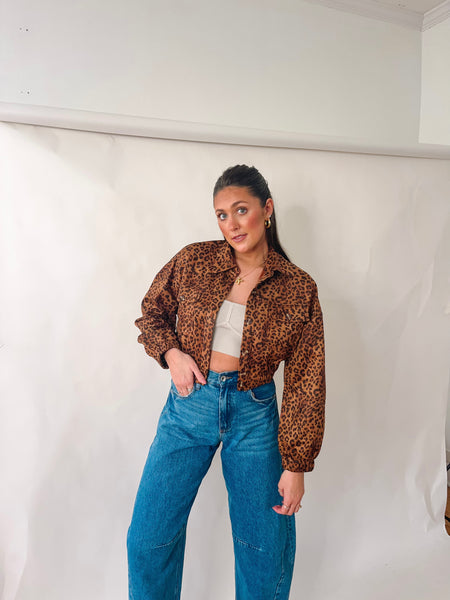 Leopard Cropped Button Jacket